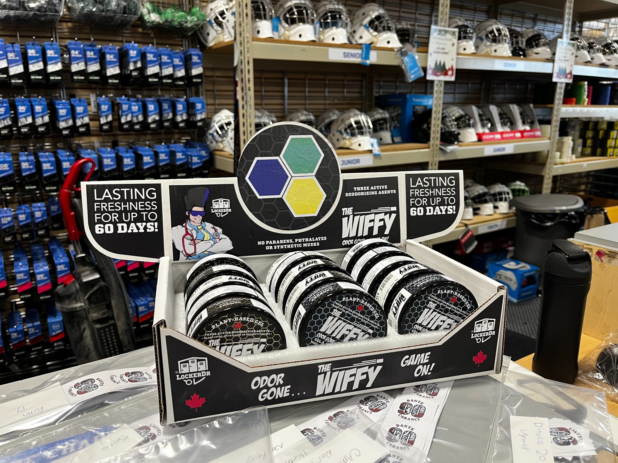 Wiffy retail display with Lemon, Mint and Laundry products in a sports store